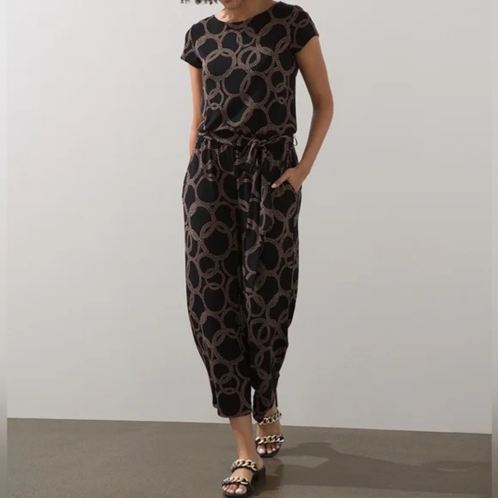 Elegant Black and Brown Patterned Jumpsuit Travelers by Chico’s
